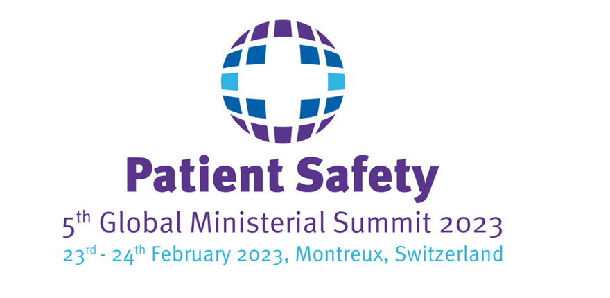 Logo of the 5th Patient Safety Summit, which will take place from 23 - 24 February 2023 in Montreux, Switzerland. The logo shows a white cross in the middle of a sphere, which is coloured in blue and purple.